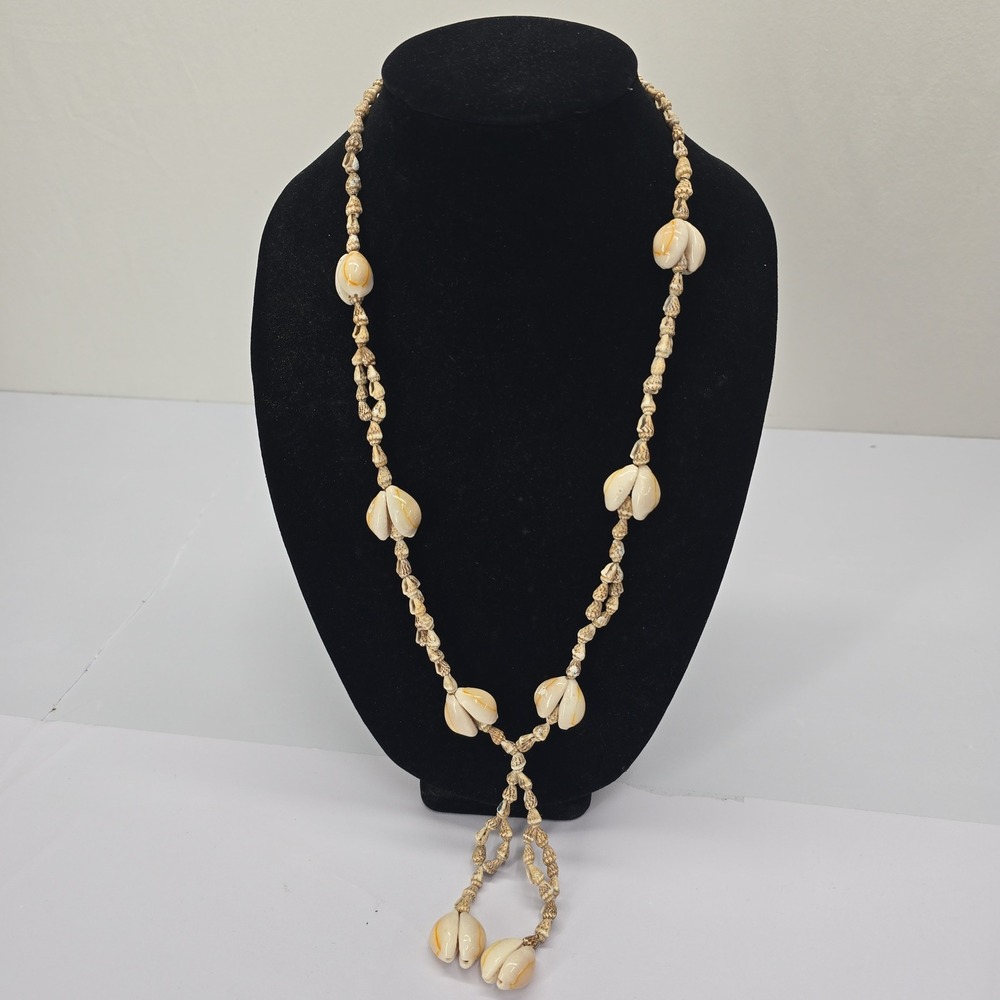 Vintage Natural Cowrie Shell Long Lariat Necklace Boho Coastal Cream Tan - Picture 1 of 6